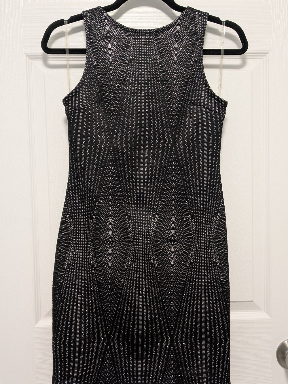 Sleeveless Black and Silver Patterned Sheath Dress